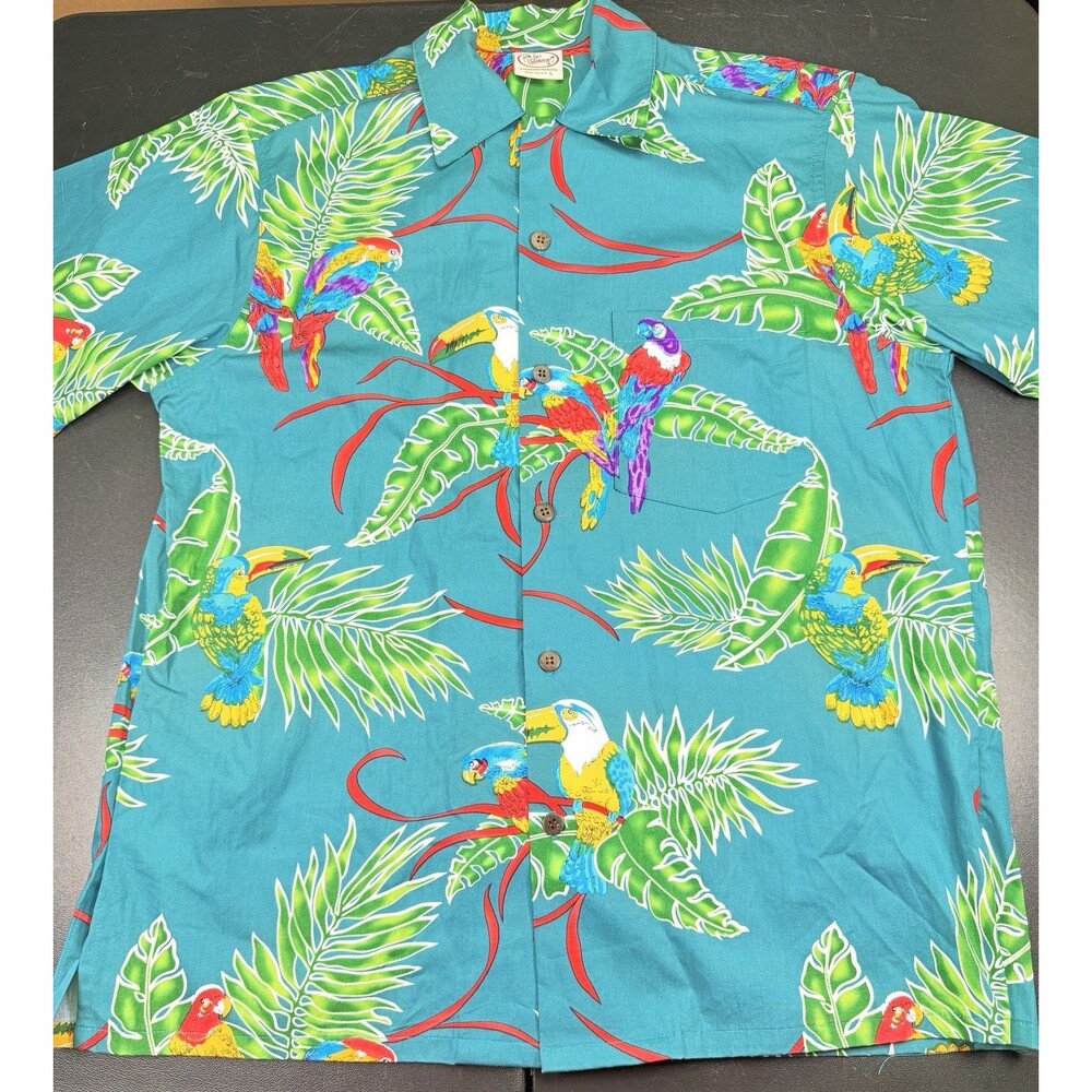 Go Barefoot Hawaiian Shirt Mens L Green Parrot Toucan Birds Tropical Cotton USA